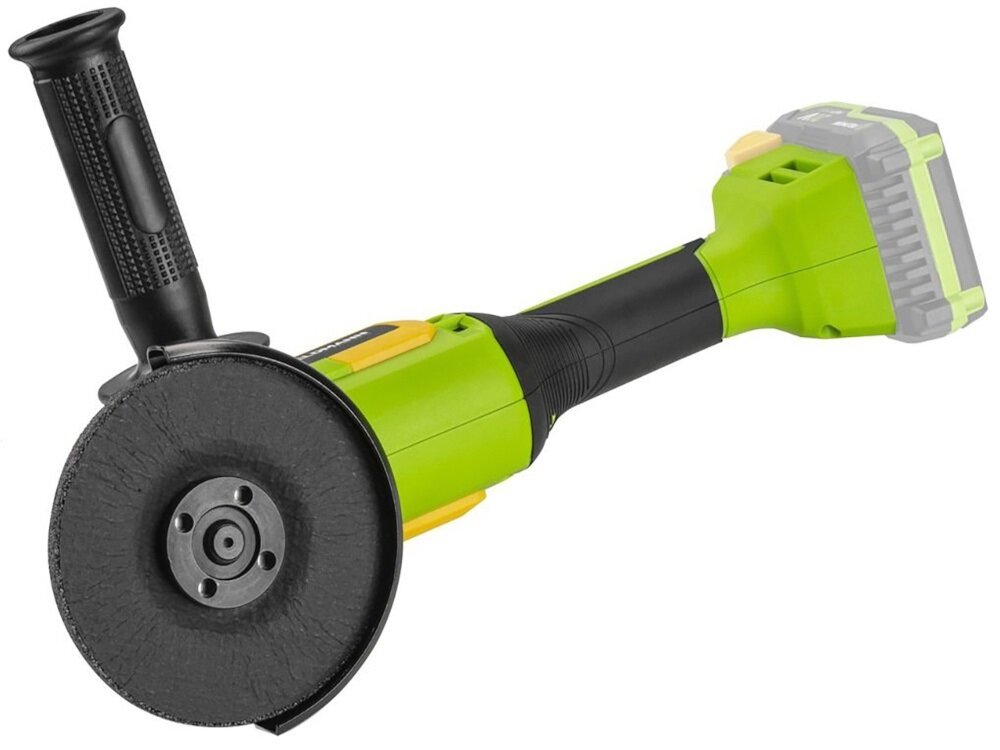 Szlifierka kątowa FIELDMANN FDUB 70605-0 szlifierka na białym tle widoczna od spodu w zestawie ściernica o średnicy 115 mm uniwersalny gwint M14 oszczędność czasu i pieniędzy system FAST POWER 20 V 