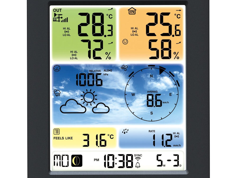 Stacja pogody SENCOR SWS 9898 wyświetlacz LCD regulacja kontrastu czytelność różne kąty widzenia generowana na podstawie zmian ciśnienia i temperatury informację za pomocą ikon słonecznie deszcz burza śnieg komfortowe użytkowanie 