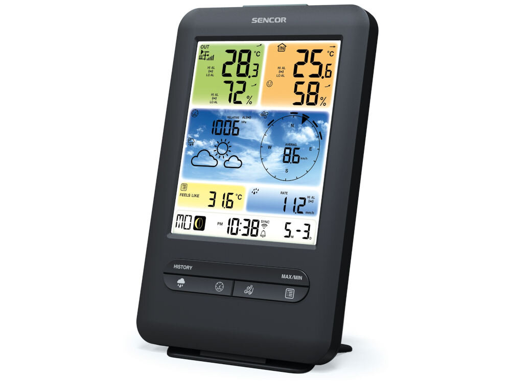 Stacja pogody SENCOR SWS 9898 zapis maksymalnych minimalnych wartości w pamięci śledzenie zmian przez ostatnie 24 godziny alarmy niskiej i wysokiej wartości temperatury wilgoci prędkości wiatru opadów deszczu szybka reakcja istotne zmiany warunków atmosferycznych 