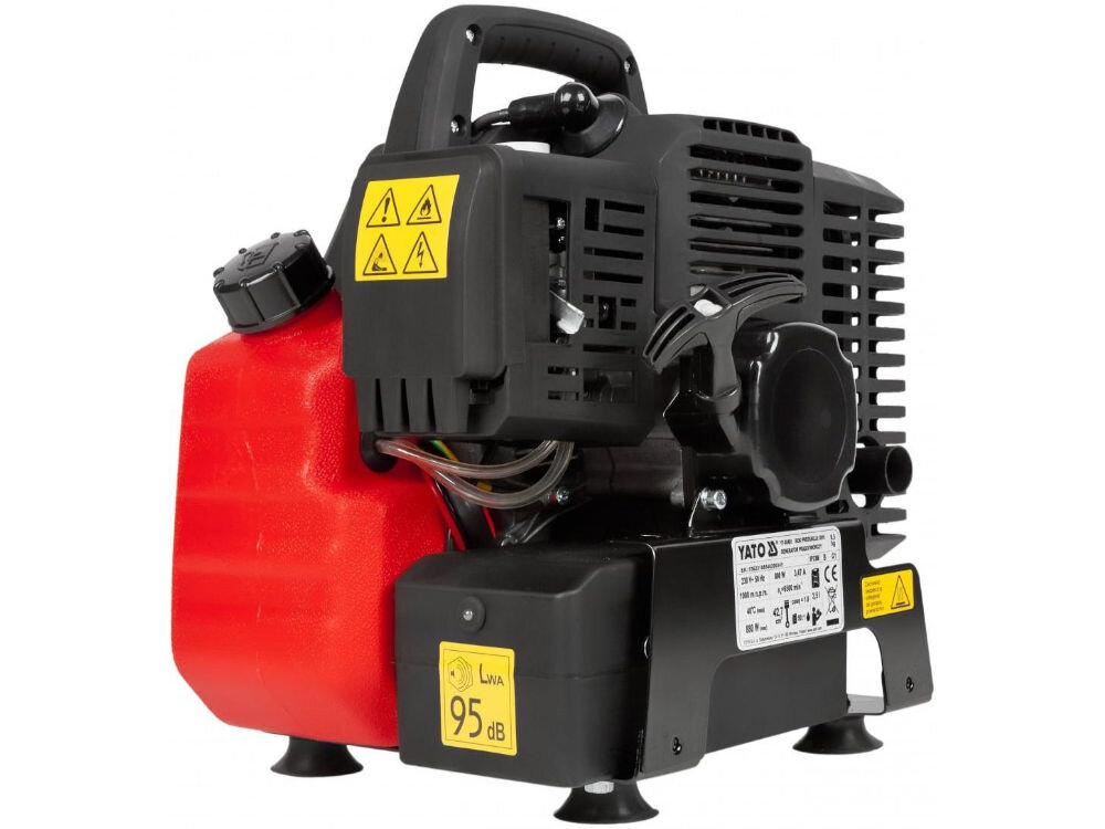 Agregat prądotwórczy YATO YT-85481, moc, paliwo, tankowanie, pojemność, akustyka, decybele, na białym tle agregat od tyłu lewo skos