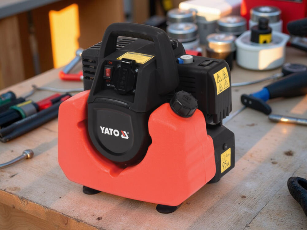 Agregat prądotwórczy YATO YT-85481, pojemność, temperatura, moc, obroty, olej, paliwo, agegat stoi na blacie budowlanym, w tle warsztat