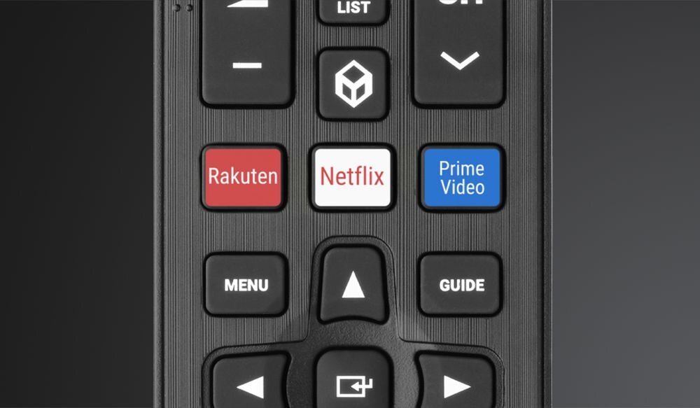 ONE FOR ALL URC 4910 pilot Samsung skróty Netflix Amazon Prime Video YouTube VOD, Zbliżenie na przyciski skrótów do aplikacji Netflix, Prime Video i Rakuten na pilocie