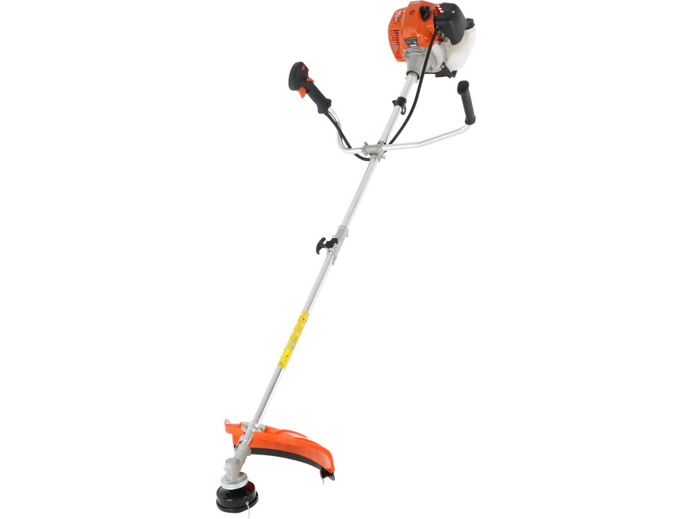 Kosa spalinowa HANDY TMK52 wykonana z wysokiej jakości materiałów ergonomia i komfort użytkowania niska waga 7,8 kg wygodna w składaniu i transporcie do zastosowania domowego i dla profesjonalnych firm zestaw szelki klucz do świec pojemnik do mieszanki benzyny i oleju głowica żyłkowa tarcza tnąca