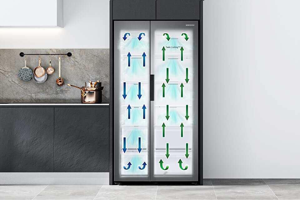 Grafika obrazuje dwa osobne obiegi powietrza w komorach lodówki samsung, dostępnej w media expert Grafika obrazuje dwa osobne obiegi powietrza w komorach lodówki samsung, dostępnej w media expert