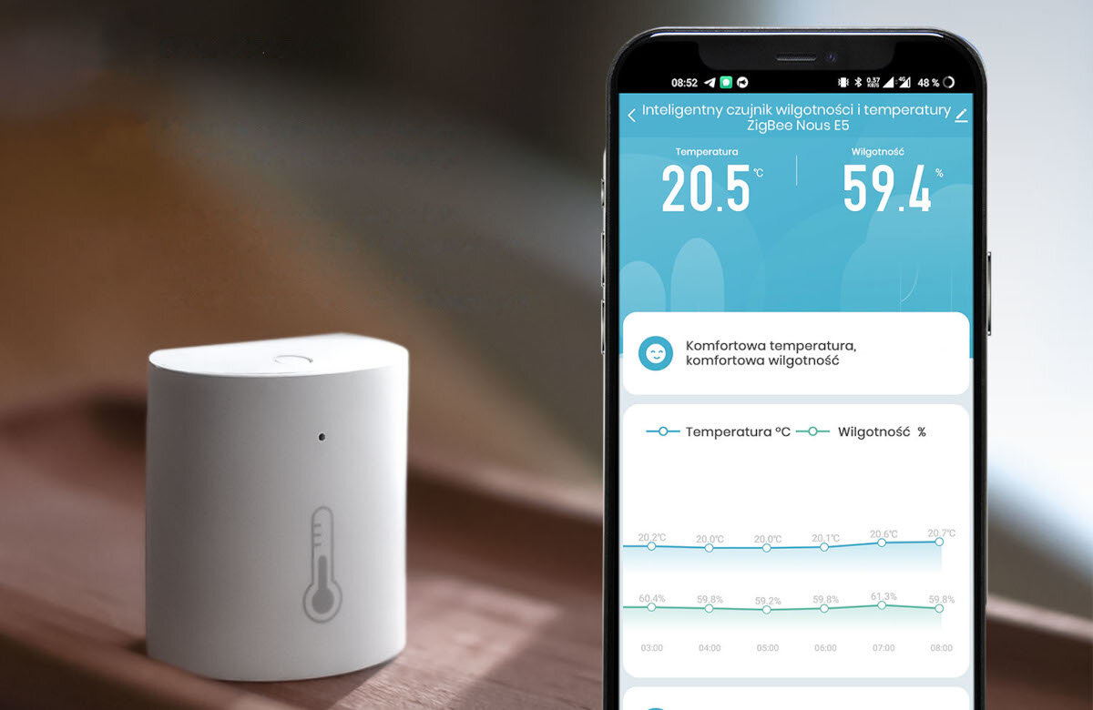 Czujnik temperatury i wilgotności NOUS E5 ZigBee działanie przeznaczenie powiadomienia czas działania bateria