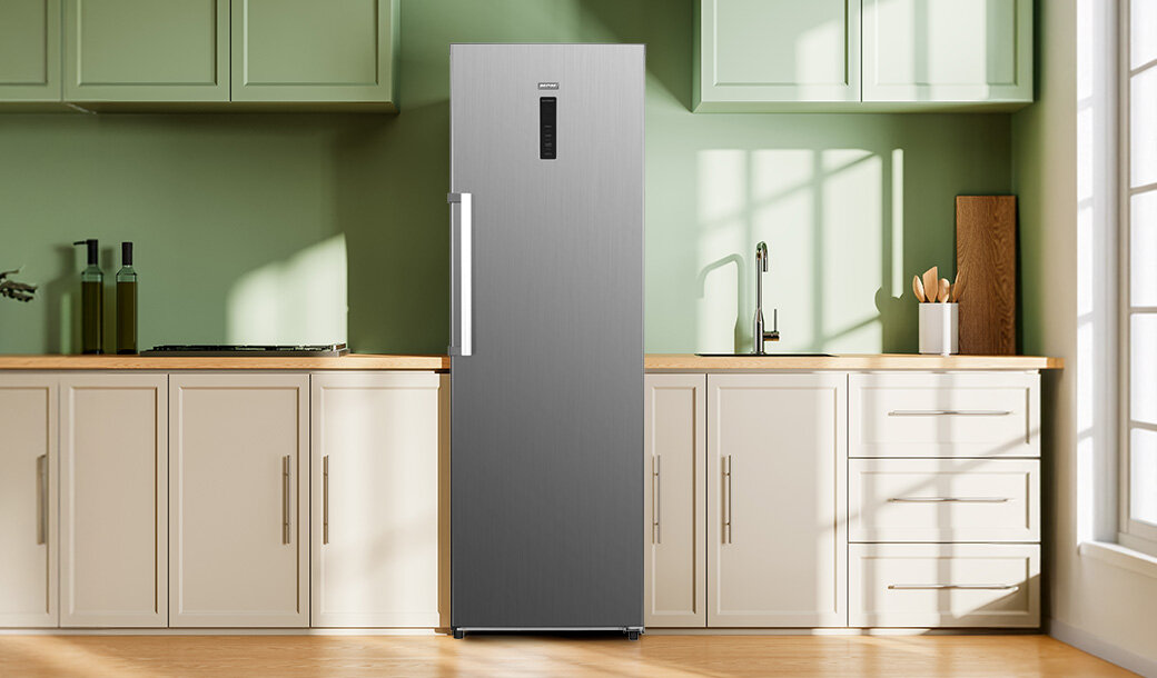 Chłodziarka Total No Frost MPM-387-CJF-22  w jasnej zabudowie kuchennej.