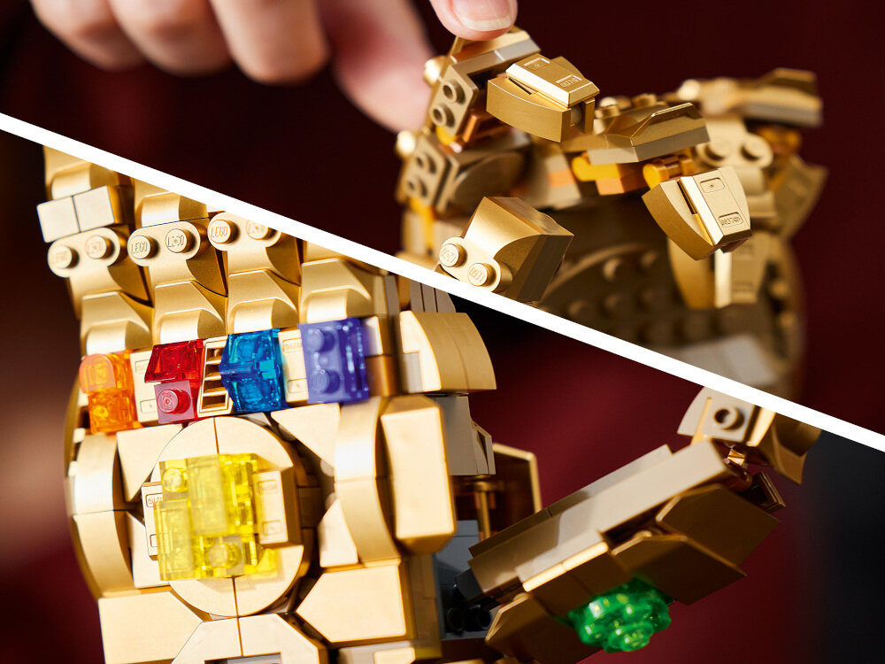 LEGO Marvel Rękawica Nieskończoności 76191 kultowy gadżet ruchome palce jaskrawe Kamienie Nieskończoności rękawica Thanosa