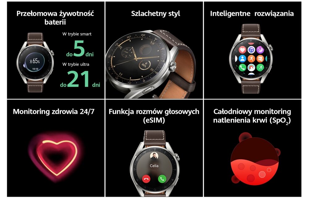 Smartwatch HUAWEI Watch 3 ekran sport monitoring krew tętno sen stres oddychanie pasek obudowa koperta smartfon dzwonienie
