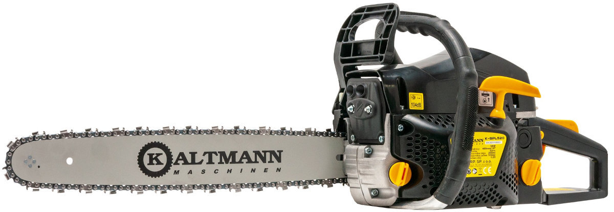 Pilarka spalinowa KALTMANN K-SPL520 do typowych prac wycinkowych do precyzyjnych zadań specjalnych prowadnica KALTMANN o długości 180 mm łańcuch o grubości 1,5 cm automatyczny hamulec
