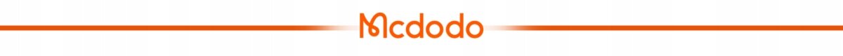 Logo \'Mcdodo\' w kolorze pomarańczowym, z dwoma cienkimi liniami po obu stronach na białym tle.