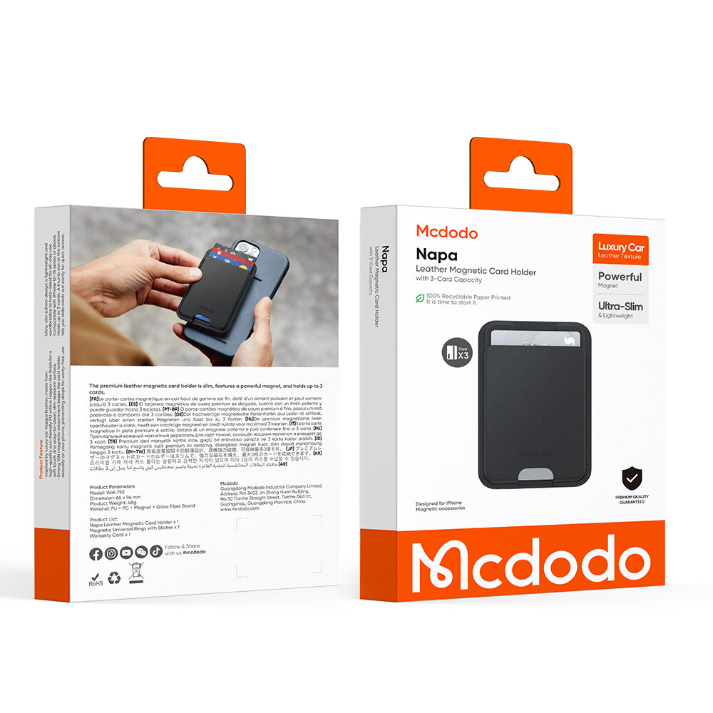 Opakowanie produktu Mcdodo Napa Leather Magnetic Card Holder z widocznym zdjęciem etui na telefon trzymanym w dłoniach. Na opakowaniu znajdują się napisy: \'Luxury Car\', \'Powerful Magnet\', \'Ultra-Slim & Lightweight\'.