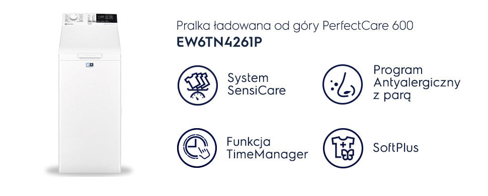 Obraz przedstawia pralkę ładowaną od góry z serii PerfectCare 600, model EW6TN4261P. Obok pralki znajdują się ikony z opisami: System SensiCare, Program Antyalergiczny z parą, Funkcja TimeManager, SoftPlus.