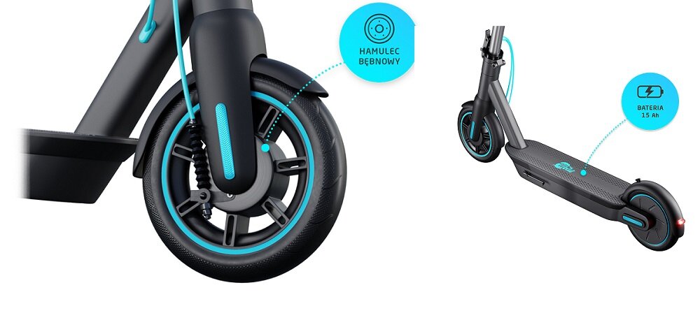 Hulajnoga elektryczna MOTUS Scooty 10 2021 Turkusowy hamulce przedni bębnowy tylny rekuperacyjny akumulatore litowo-jonowy 15 Ah