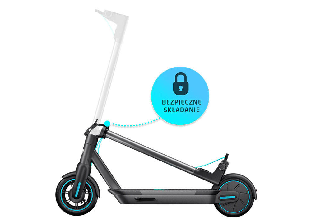 Hulajnoga elektryczna MOTUS Scooty 10 2021 Turkusowy prosty system składania kierownica składa się przeciwnie do kierunku jazdy zawias