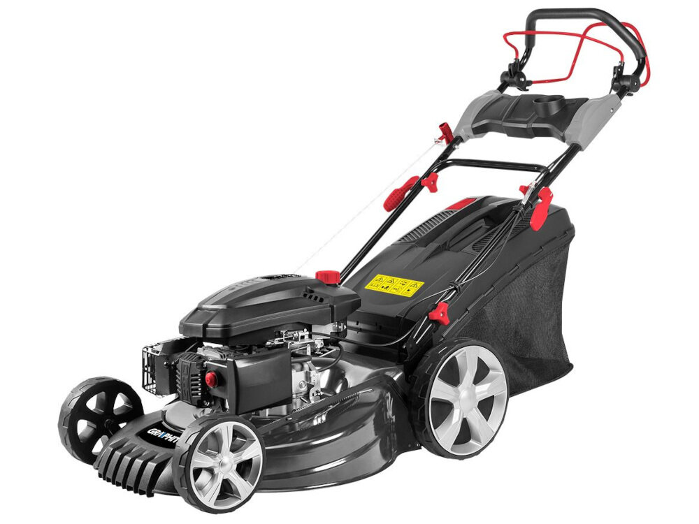 Kosiarka spalinowa GRAPHITE 52G673 napęd łatwiejsze prowadzenie kosiarki koszenie z uwzględnieniem preferowanej wysokości trawy w zakresie 25-65 mm centralna regulacja koszenia mechanizm sprężynowy 8-stopniowa skala szerokość robocza do 52,5 cm