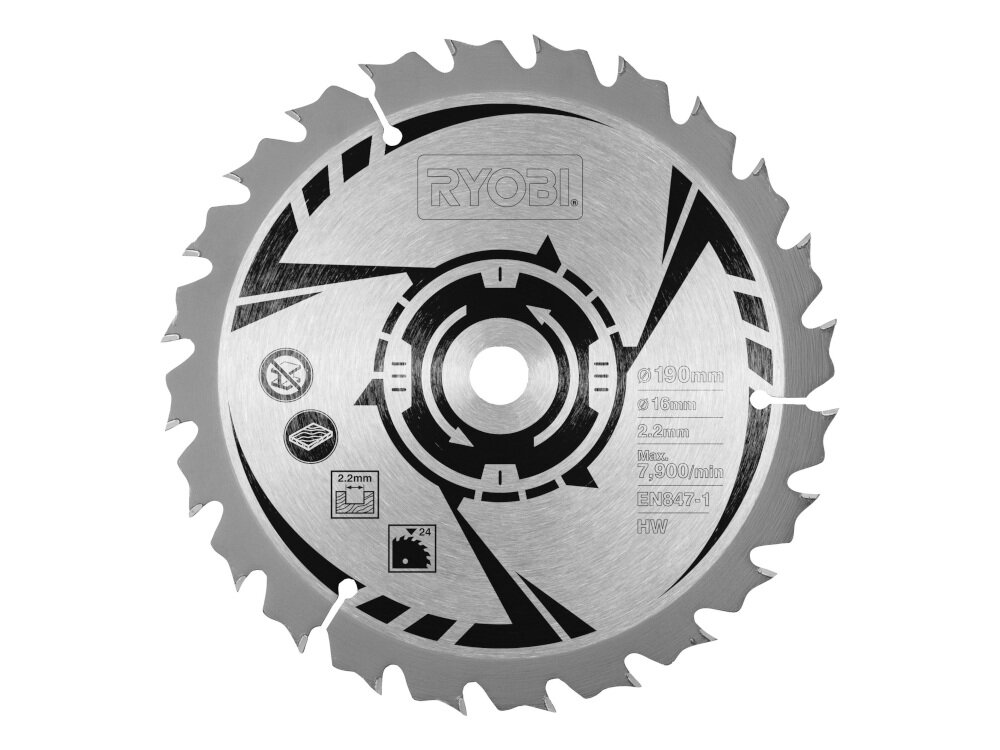 Tarcza RYOBI CSB190A1 tarcza tnąca do cięcia drewna pasuj do modeli RWS1250/1400/1600 i EWS1266/1366 marki RYOBI 18 zębów maksymalna prędkość obrotowa do 7900 obr/min szybkie cięcie dokładniejsze wykończenie miejsca roboczego