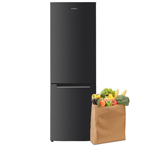 Lodówka MPM-312-FF-37, obok papierowa torba wypełniona owocami i warzywami.