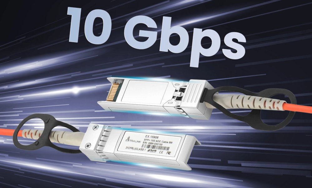 Kabel EXTRALINK SFP+ Extralink AOC SFP+/SFP+ do 10 Gbps dużych plików, transmisji wideo w wysokiej rozdzielczości czy obsługi rozbudowanych baz danych Extralink - wtyczki kabla na ciemnym dynamicznym tle, napis 10 gbps