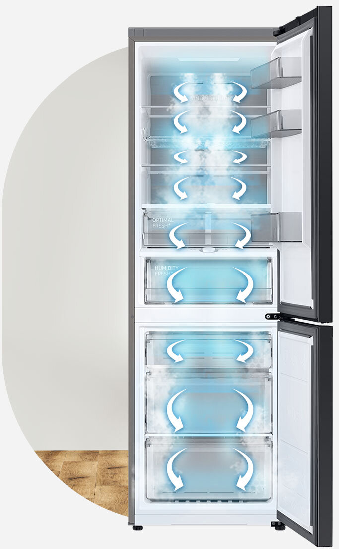 Technologia All-Around Cooling, która sprawia, że strumienie zimnego powietrza docierają na każdą półkę lodówki BESPOKE. Technologia All-Around Cooling, która sprawia, że strumienie zimnego powietrza docierają na każdą półkę lodówki BESPOKE.