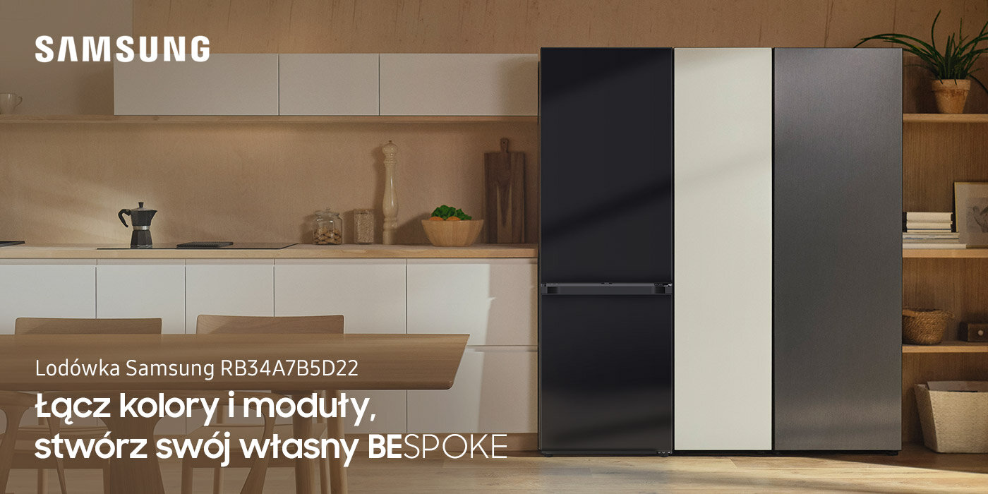 Jasna kuchnia, w której znajduje się zestaw trzech lodówek Samsung BESPOKE. Jedna z nich to utrzymany w kolorze głębokiej czerni model RB34A7B5D22, który znajdziesz w sklepach Media Expert. Jasna kuchnia, w której znajduje się zestaw trzech lodówek Samsung BESPOKE. Jedna z nich to utrzymany w kolorze głębokiej czerni model RB34A7B5D22, który znajdziesz w sklepach Media Expert.