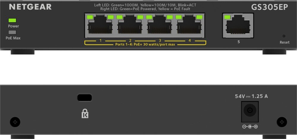 Switch NETGEAR GS305EP-100PES z pięcioma portami Ethernet, z funkcją PoE i możliwością zarządzania. Widoczne są diody LED oraz oznaczenia portów i zasilania.