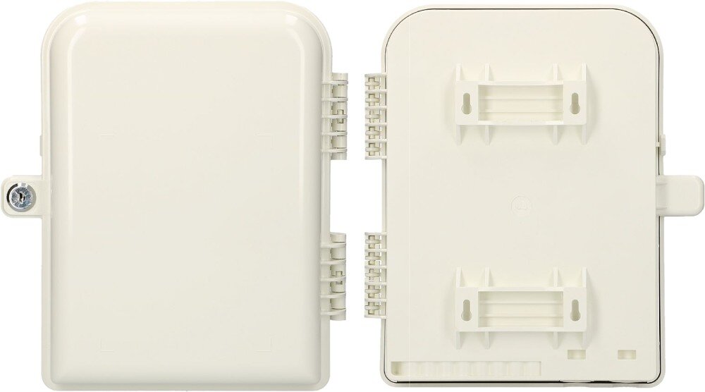 Puszka światłowodowa EXTRALINK Edith Widok jasnej obudowy z przodu i z tyłu, z jednej strony widoczny jest metalowy zamek, a z drugiej uchwyty do zawieszenia