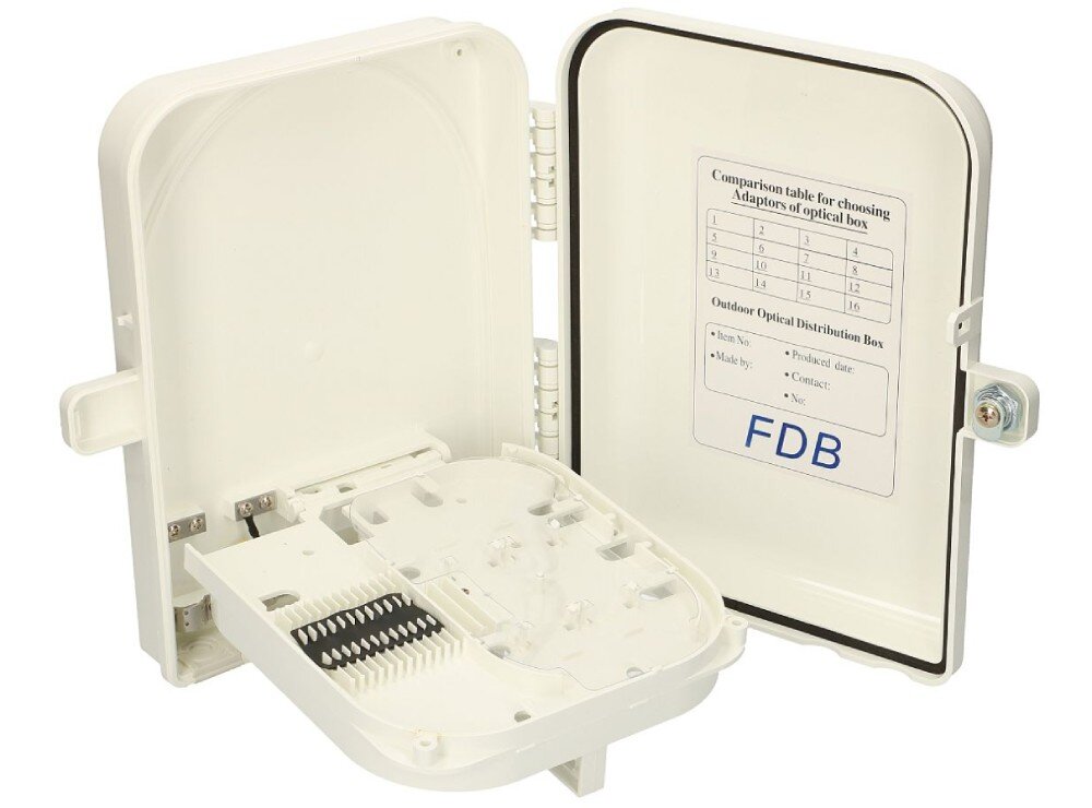 Puszka światłowodowa EXTRALINK Edith Otwarta obudowa z plastikowym panelem w środku, gumową uszczelką na krawędziach i naklejką z napisem 'FDB'