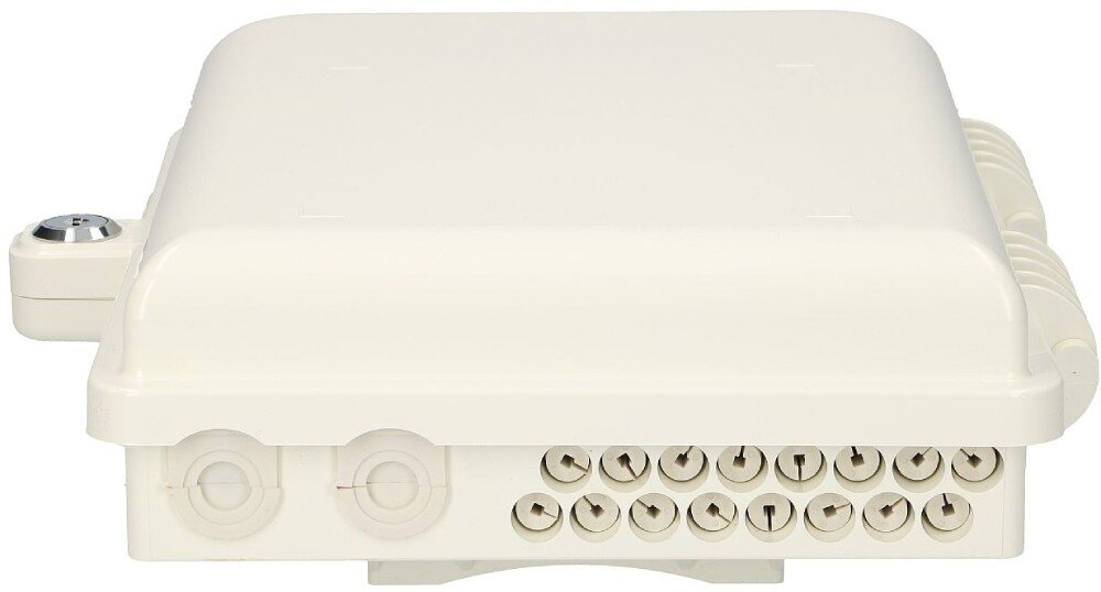 Puszka światłowodowa EXTRALINK Edith Dolny profil obudowy z rzędem szesnastu małych otworów oraz dwoma większymi wlotami na przewody