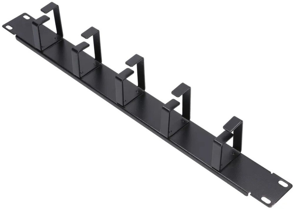 Organizer kabli EXTRALINK 6001 Czarny, metalowy organizer kabli o podłużnym kształcie z pięcioma zamocowanymi uchwytami w formie otwartych pętli, wyposażony w otwory montażowe na końcach listwy