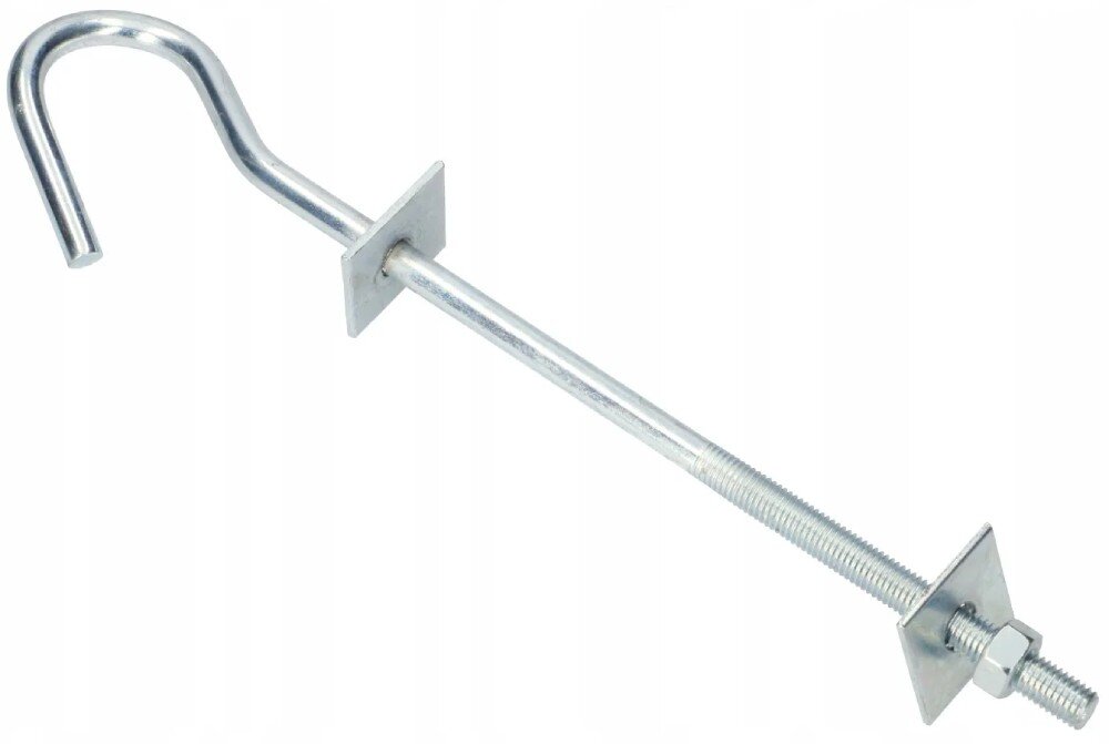 Śruba hakowa EXTRALINK EX.6402 12/160mm Srebrna śruba zakończona zgiętym hakiem, wyposażona w dwie kwadratowe podkładki oraz nakrętkę umieszczoną na gwintowanej części trzonu