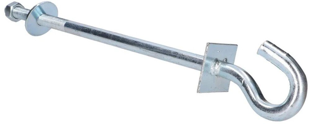 Śruba hakowa EXTRALINK EX.6440 12/160mm Metalowa śruba hakowa z gwintem, na którą nałożono jedną okrągłą podkładkę, jedną kwadratową podkładkę oraz nakrętkę