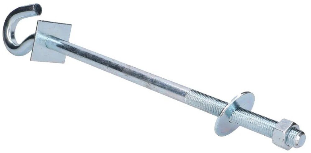 Śruba hakowa EXTRALINK EX.6440 12/160mm Srebrna śruba zakończona zgiętym hakiem, wyposażona w dwie kwadratowe podkładki oraz nakrętkę umieszczoną na gwintowanej części trzonu