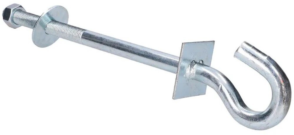 Śruba hakowa EXTRALINK EX.6488 12/160mm Metalowa śruba hakowa z gwintem, na którą nałożono jedną okrągłą podkładkę, jedną kwadratową podkładkę oraz nakrętkę