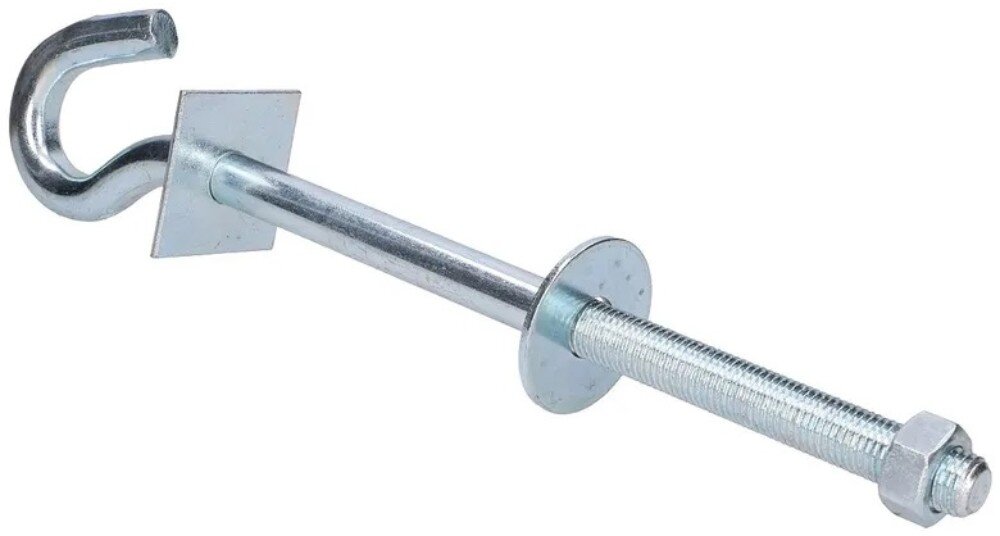 Śruba hakowa EXTRALINK EX.6488 12/160mm Srebrna śruba zakończona zgiętym hakiem, wyposażona w dwie kwadratowe podkładki oraz nakrętkę umieszczoną na gwintowanej części trzonu