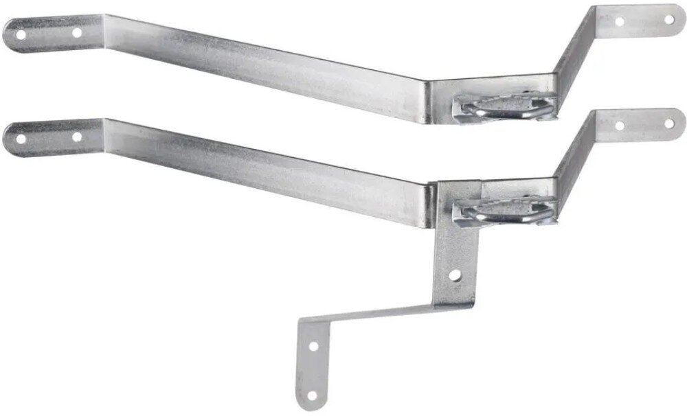 Uchwyt do masztu EXTRALINK K500 Dwa galwanizowane stalowe uchwyty kominowe do masztów z U-śrubami i wygiętymi krawędziami dolny z dodatkowym wspornikiem w kształcie litery L oba z wieloma otworami montażowymi pokazane na białym tle
