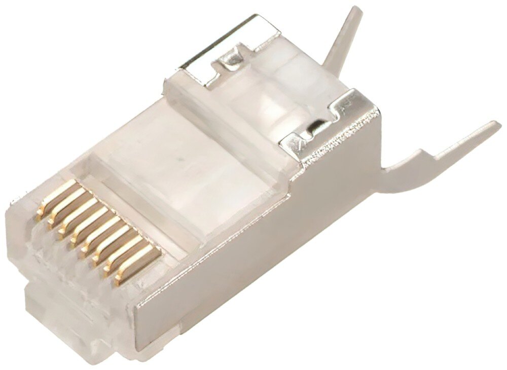 Wtyk EXTRALINK EX.11601 Przezroczysty wtyk sieciowy RJ45 z metalową obudową ekranującą, pokazany pod kątem z widocznymi ośmioma pozłacanymi stykami na przodzie