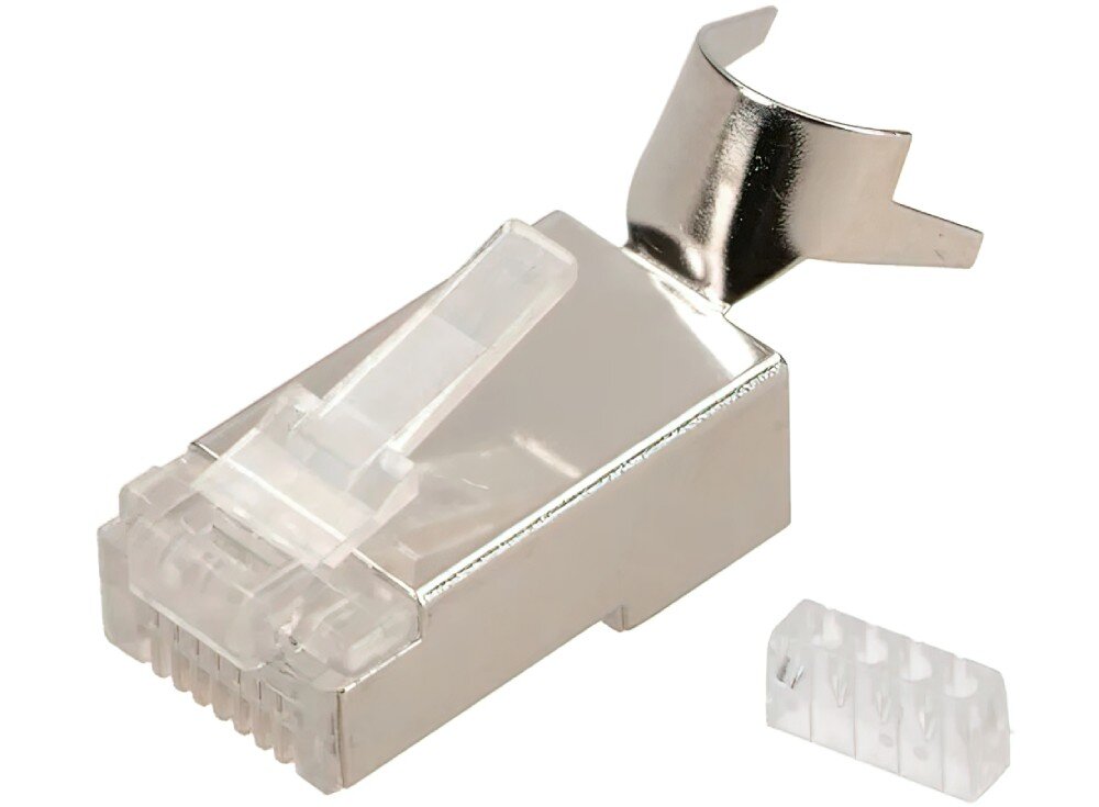 Wtyk EXTRALINK EX.11601 Ekranowany wtyk RJ45 pokazany od strony otworu na przewód, z widoczną metalową osłoną korpusu i rzędem pozłacanych pinów na górze