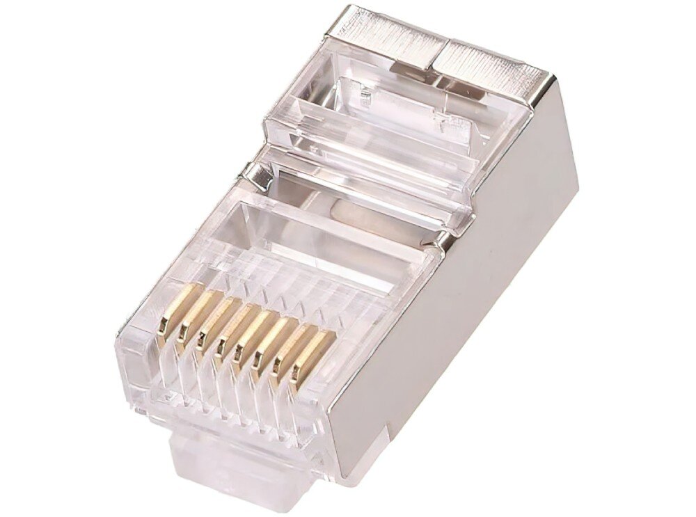 Wtyk EXTRALINK EX.11571 Przezroczysty wtyk sieciowy RJ45 z metalową obudową ekranującą, pokazany pod kątem z widocznymi ośmioma pozłacanymi stykami na przodzie