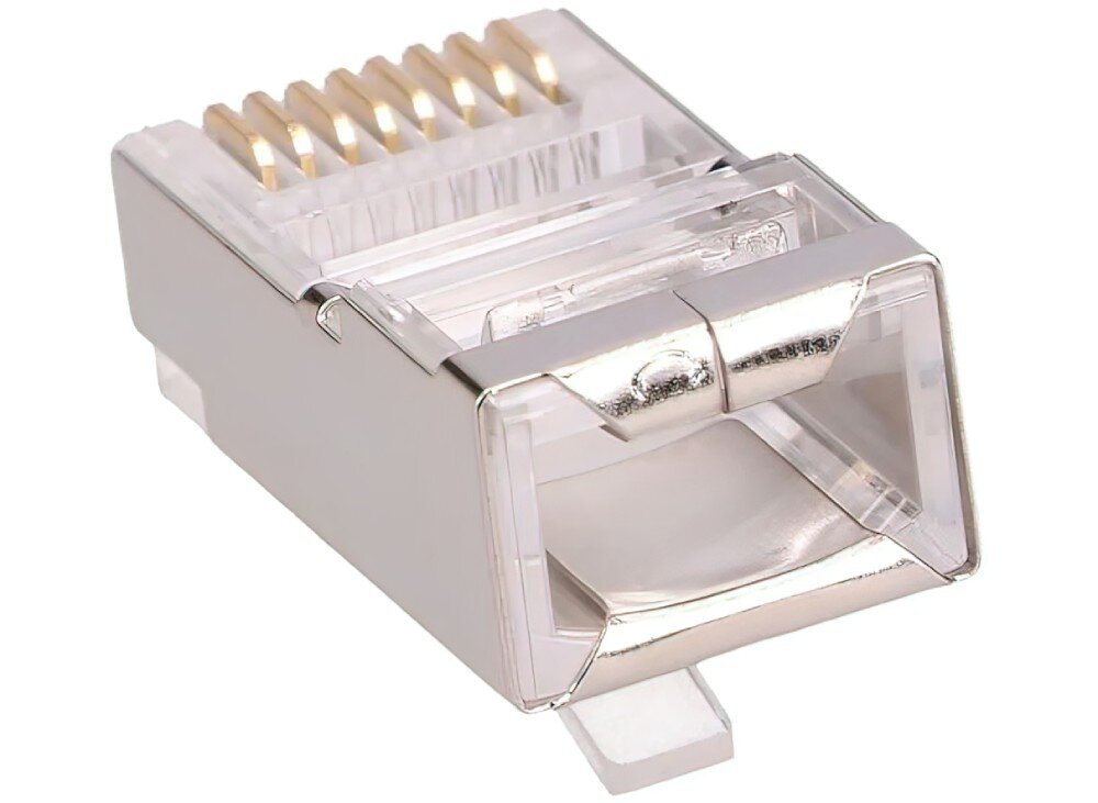 Wtyk EXTRALINK EX.11571 Ekranowany wtyk RJ45 pokazany od strony otworu na przewód, z widoczną metalową osłoną korpusu i rzędem pozłacanych pinów na górze