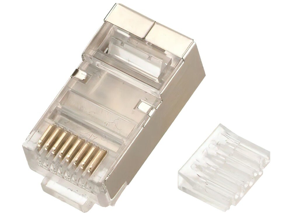 Wtyk EXTRALINK EX.11588 Przezroczysty wtyk sieciowy RJ45 z metalową obudową ekranującą, pokazany pod kątem z widocznymi ośmioma pozłacanymi stykami na przodzie