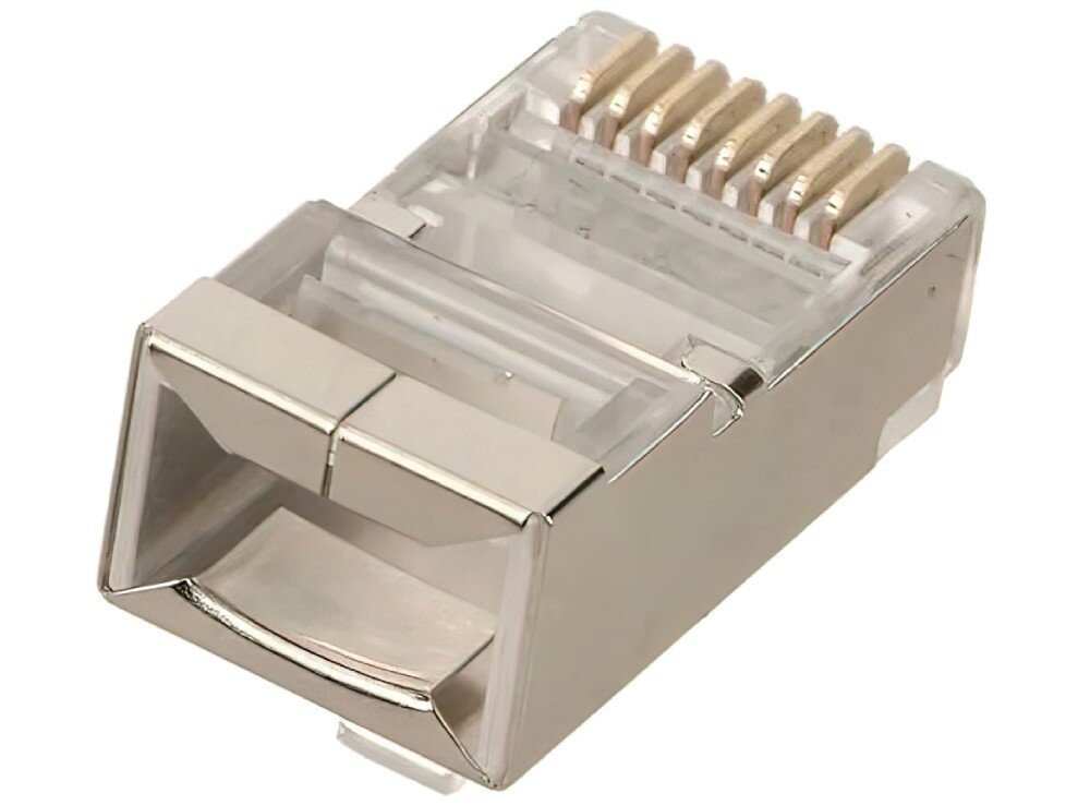 Wtyk EXTRALINK EX.11588 Ekranowany wtyk RJ45 pokazany od strony otworu na przewód, z widoczną metalową osłoną korpusu i rzędem pozłacanych pinów na górze