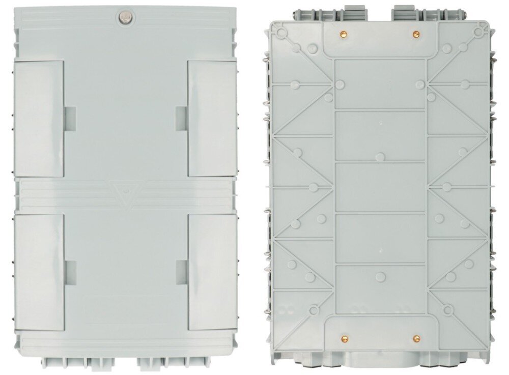 Puszka połączeniowa EXTRALINK EX.15968 Widok na przednią oraz tylną stronę zamkniętej szarej obudowy o prostokątnym kształcie zaprezentowany na białym tle