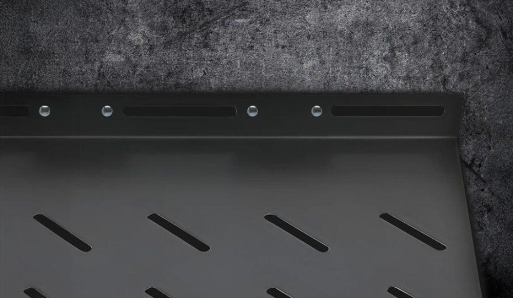 Półka EXTRALINK EX.8642 19 1U Czarna, metalowa półka z otworami wentylacyjnymi, widok z góry, szerokość, głębokość, materiał