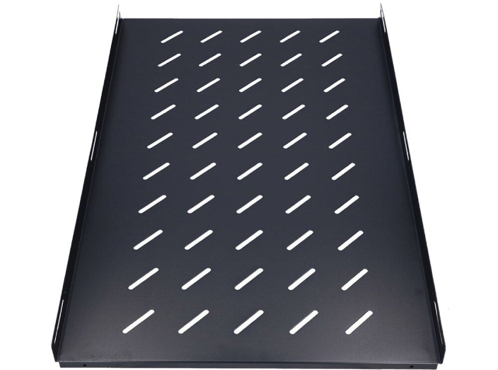 Półka EXTRALINK EX.8642 19 1U Zbliżenie na cztery śruby mocujące czarną, metalową półkę, wysokość, montaż