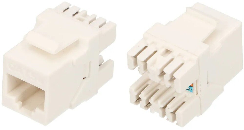 Keystone EXTRALINK EX.9533 Dwa białe elementy z tworzywa sztucznego do łączenia przewodów sieciowych, z których jeden prezentuje frontowy port na wtyczkę, a drugi tylne metalowe wyprowadzenia na poszczególne żyły kabla