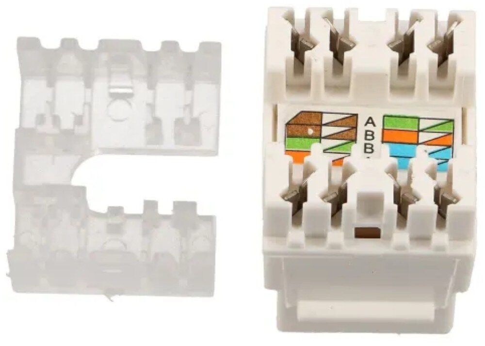 Keystone EXTRALINK EX.9533 Biały moduł sieciowy widziany od strony styków montażowych z naklejoną instrukcją kolorystyczną dla standardów 'A' i 'B' oraz leżący obok przezroczysty element dociskowy wykonany z plastiku