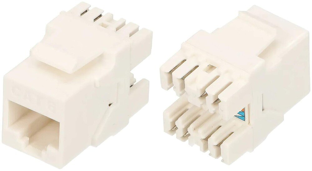 Keystone EXTRALINK EX.9540 dwa białe moduły gniazda sieciowego pokazane z dwóch stron, gdzie z lewej widoczne jest wejście rj45, a z prawej tylna część ze stykami zaciskowymi na przewody