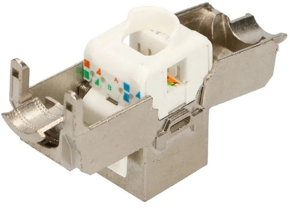 Keystone EXTRALINK EX.9557 Rozchylona obudowa modułu keystone pokazująca biały mechanizm wewnętrzny z kolorowymi oznaczeniami schematu połączeń przewodów