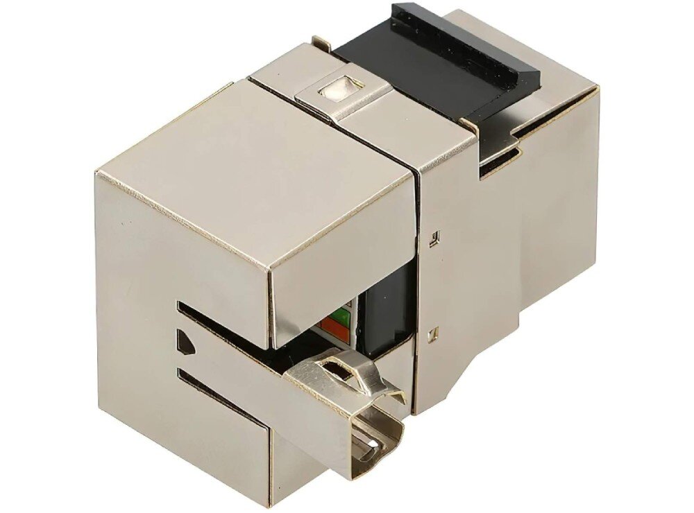 Keystone EXTRALINK EX.9571 Srebrny moduł keystone pokazany pod kątem od strony tylnego mechanizmu zamykającego, wewnątrz którego widoczna jest kolorowa naklejka ze schematem połączeń przewodów