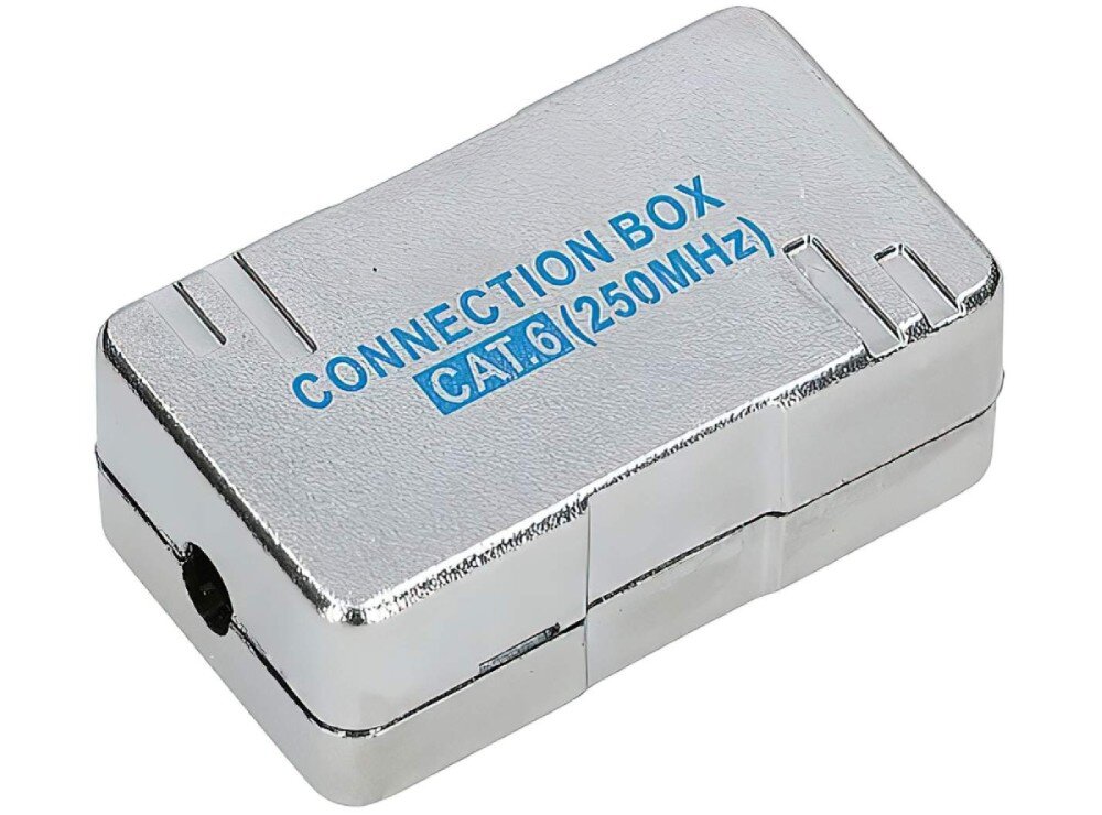 Puszka połączeniowa EXTRALINK EX.9601 Srebrna, metalowa obudowa z niebieskim napisem 'CONNECTION BOX CAT.6 (250MHz)' i otworem na przewód